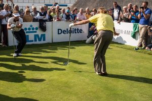 08-09-14 European Tour 2014, KLM Open, Kennemer G&CC, Zandvoort, The Netherlands. 11-14 Sep. Miguel Angel Jimenez of Spain and Joost Luiten stretching during 'The Rematch'..